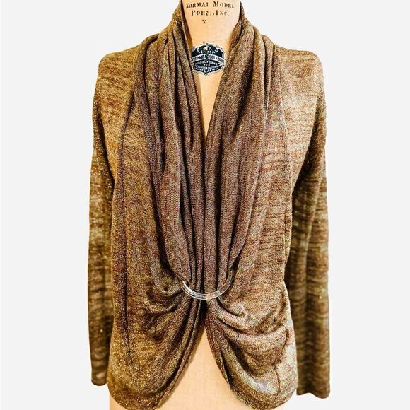 Y2K Unyx Brown sweater Twisted front metallic Gold fine knit top size medium - Picture 2 of 12